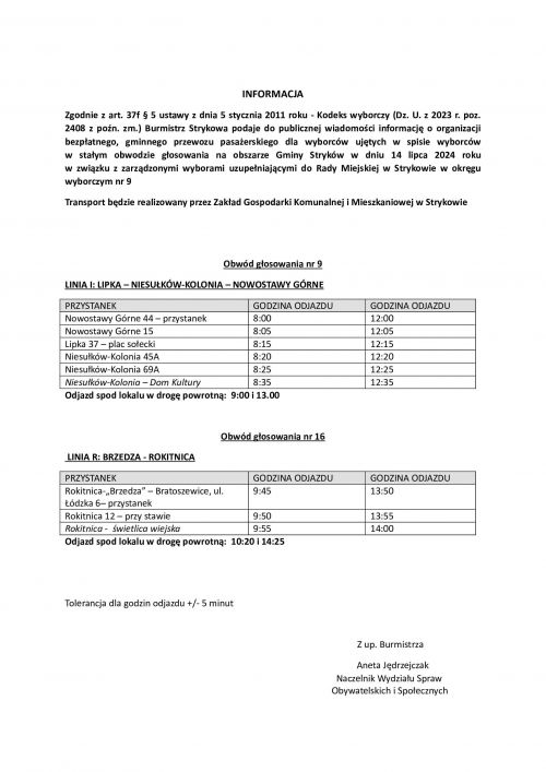 Bezpłatny transport, wybory uzupełniające RM w Strykowie, 14.07.24  -  rozkład jazdy