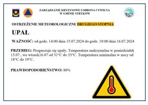 OSTRZEŻENIE METEOROLOGICZNE DRUGIEGO STOPNIA - UPAŁ