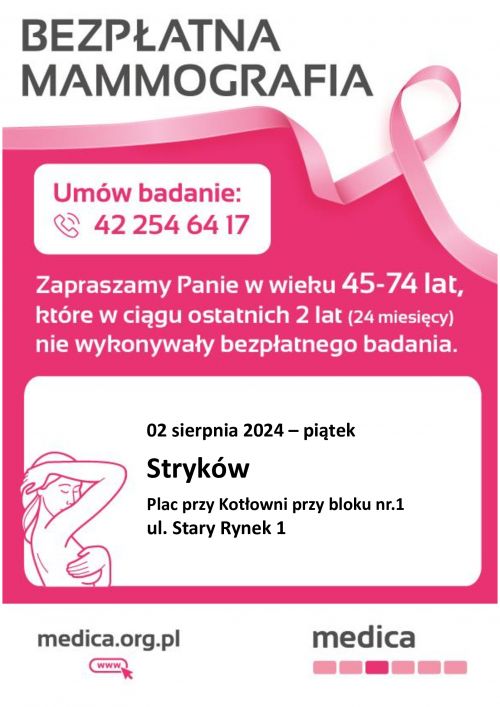 Bezpłatne badanie mammograficzne 2.08.2024