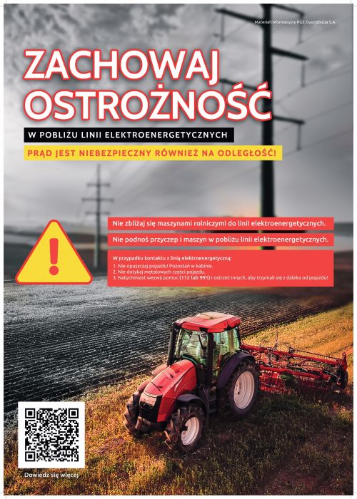 Plakat Zachowaj Ostrożność w pobliżu linii elektroelektrycznych