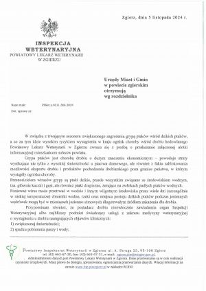 Komunikat Powiatowego Lekarza Weterynarii - Ptasia Grypa - 2024