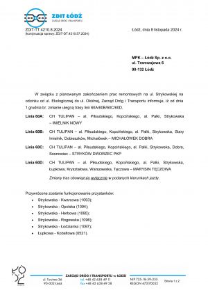 Komunikat ZDiT Łódź - zmiana tras linii autobusowych 60A, 60B, 60C, 60D od 1.12.2024 r.