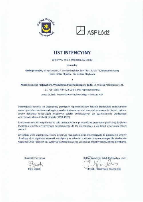 List intencyjny w wsprawie współpracy Gminy Stryków z ASP Łódź
