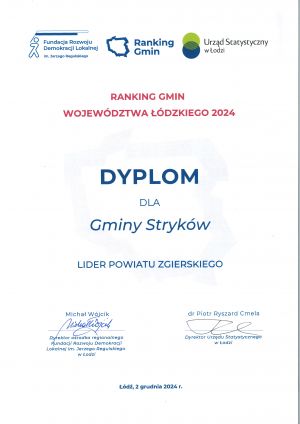 Pamiątkowy Dyplom Lider Powiatu Zgierskiego w Rankingu Gmin Województwa Łódzkiego 2024