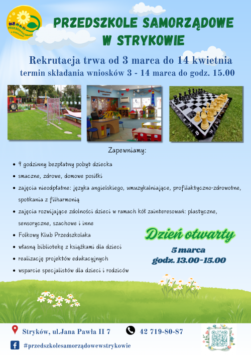 Plakat informacyjny - Rekrutacja do Przedszkola Samorządowego w Strykowie na rok 2025/2026