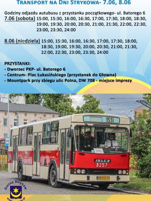Plakat z darmowym dojazdem na Dni Strykowa