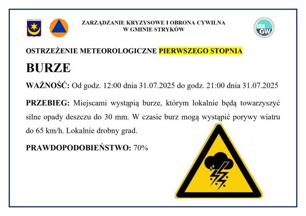 METEOROLODZY OSTRZEGAJĄ PRZED BURZAMI -31.07.2025 r.