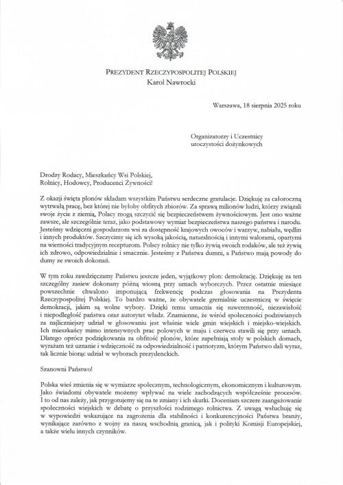 Pismo od Prezydenta RP na dożynki1