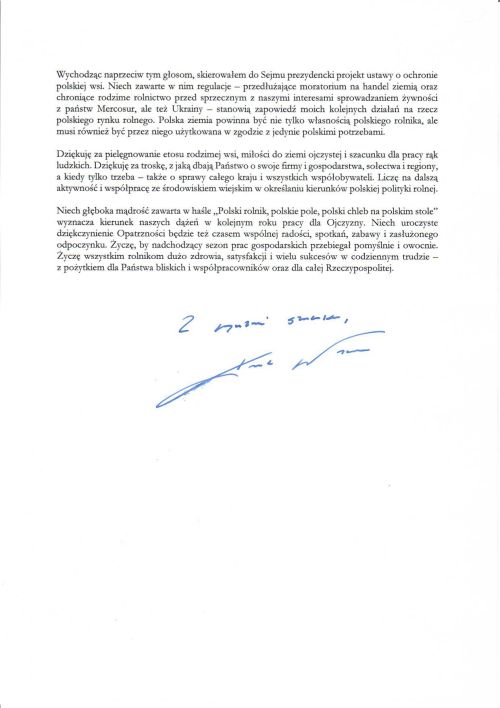 Pismo od Prezydenta RP na dożynki2