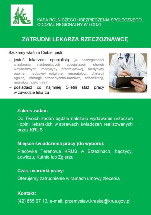 Ogłoszenie o zatrudnieniu lekarzy rzeczoznawców KRUS