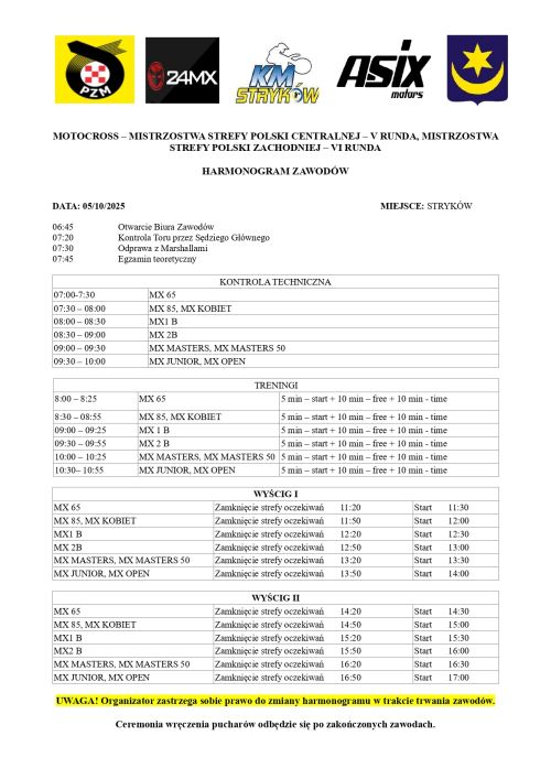 Harmonogram zawodów motocrossowych 5.10.2025 r.