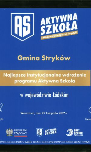 Tytuł Gmina Stryków - najlepsze instytucjonalne wdrożenie programu Aktywna Szkoła