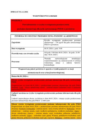 Informacja o ryzyku przekroczenia poziomu alarmowego dla pyłów PM10 (woj. łódzkie)