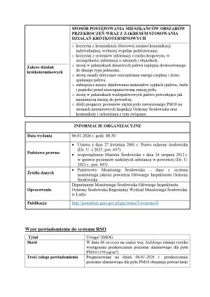 Informacja o ryzyku przekroczenia poziomu alarmowego dla pyłów PM10 (woj. łódzkie)