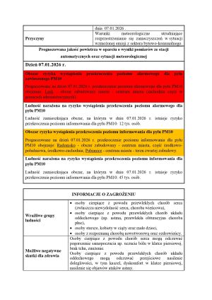 Informacja o ryzyku przekroczenia poziomu alarmowego dla pyłów PM10 (woj. łódzkie) 7 stycznia 2026