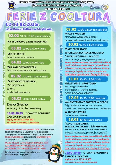 Plakat ferie zimowe 2026 w Strykowie