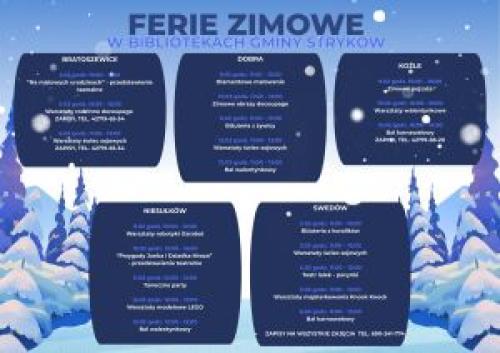 Plakat ferie zimowe 2026 w Bibilotece Gminnej i jej filiach