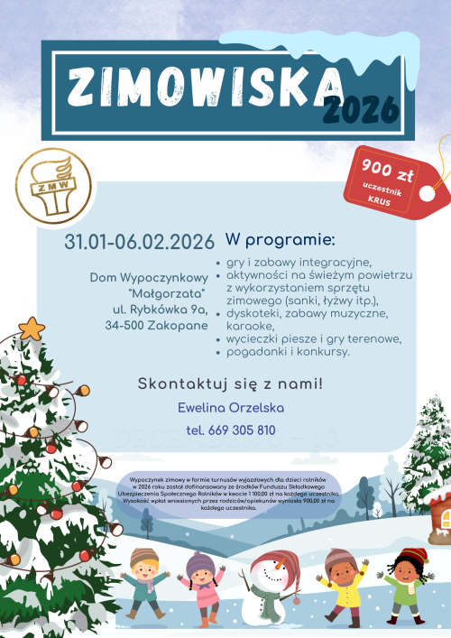 Plakat informacyjny - Zimowiska 2026 dla dzieci uczestników KRUS