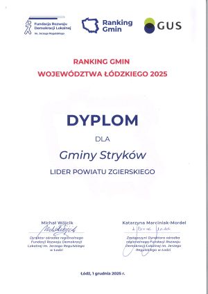 Pamiątkowy dyplom Lider Powiatu Zgierskiego w Rankingu Gmin Województwa Łódzkiego 2025