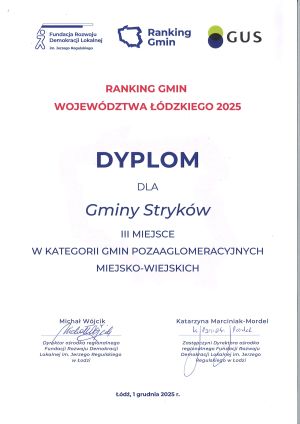 Pamiątkowy dyplom III miejsce Gminy Stryków w Rankingu Gmin Województwa Łódzkiego 2025