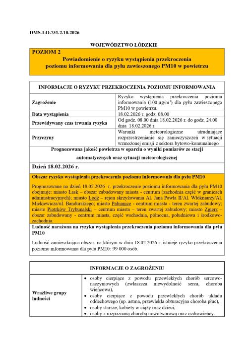 Powiadomienie o ryzyku wystąpienia przekroczenia poziomu informowania dla pyłu PM10 w powietrzu 18.02.2026r.