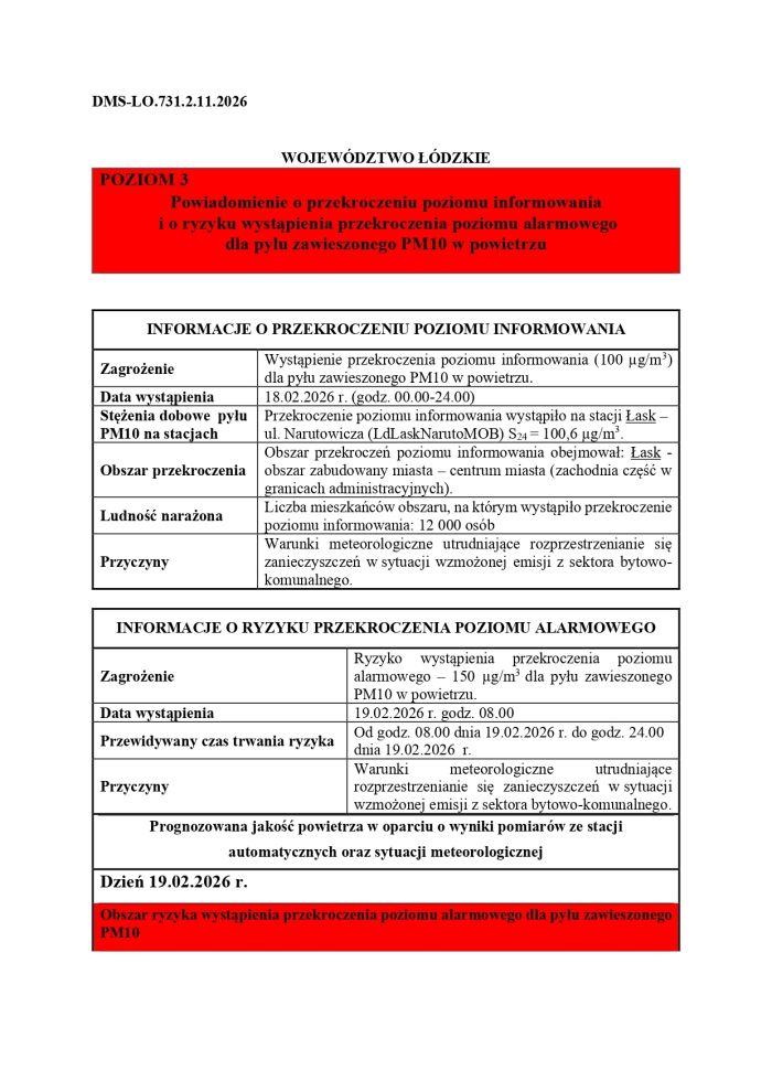 Powiadomienie o ryzyku wystąpienia przekroczenia poziomu informowania dla pyłu zawieszonego PM10 w powietrzu
