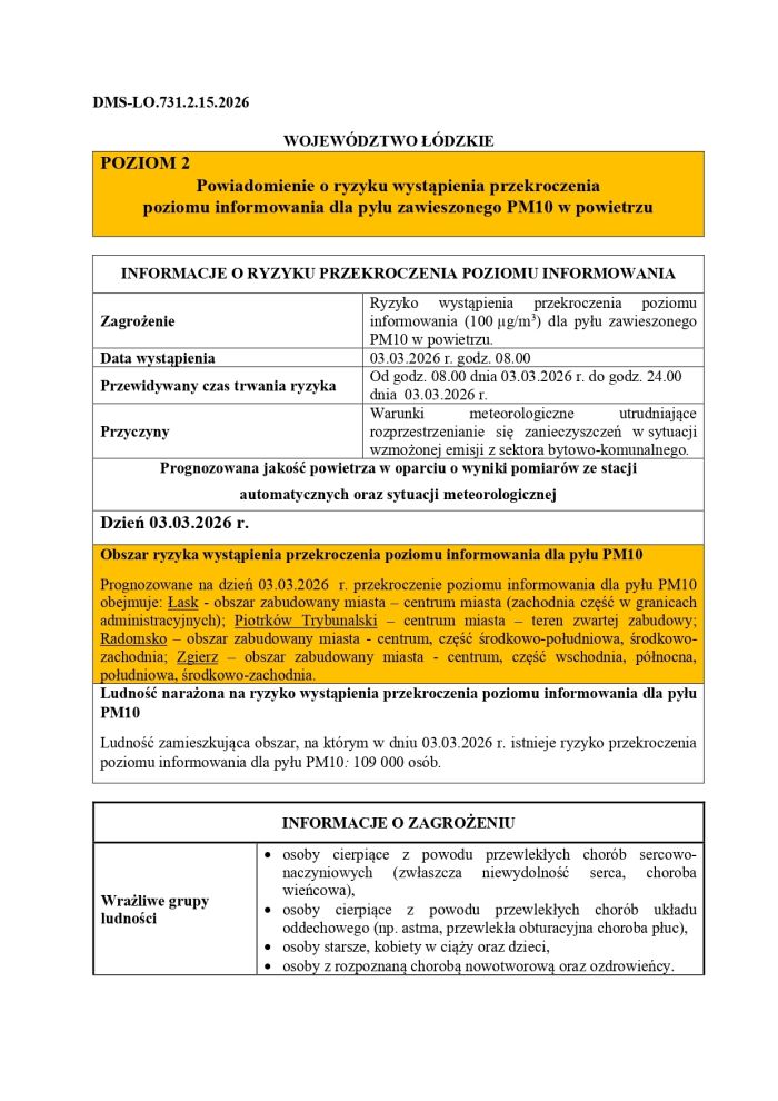 Powiadomienie o ryzyku wystąpienia przekroczenia poziomu informowania dla pyłu zawieszonego PM10 w powietrzu 3.03.2026