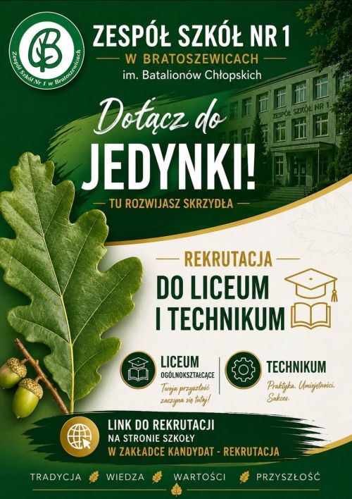 Rekrutacja na rok szkolny 2026/2027 w ZS nr 1 w Bratoszewicach