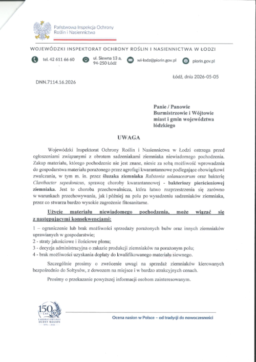 Pismo Wojewódzki Inspektorat Ochrony Roślin i Nasiennictwa w Łodzi