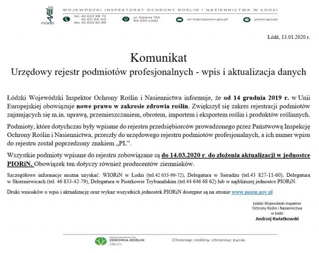 Komunikat Wojewódzkiego Inspektora Ochrony Roślin i Nasiennictwa w Łodzi