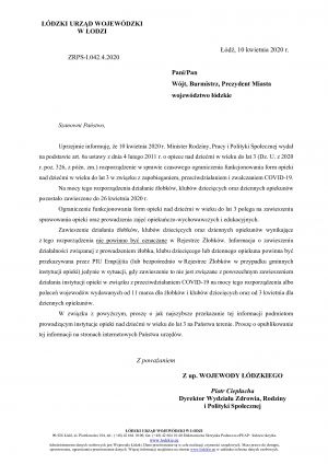 Pismo wojewody - ograniczenie działalności żłobki