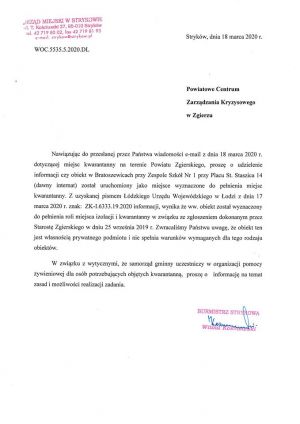 Pismo do Powiatowego Centrum Zarządzania Kryzysowego