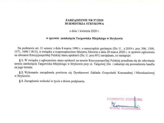 zarządzenie burmistrza dotyczące zamknięcia targowiska