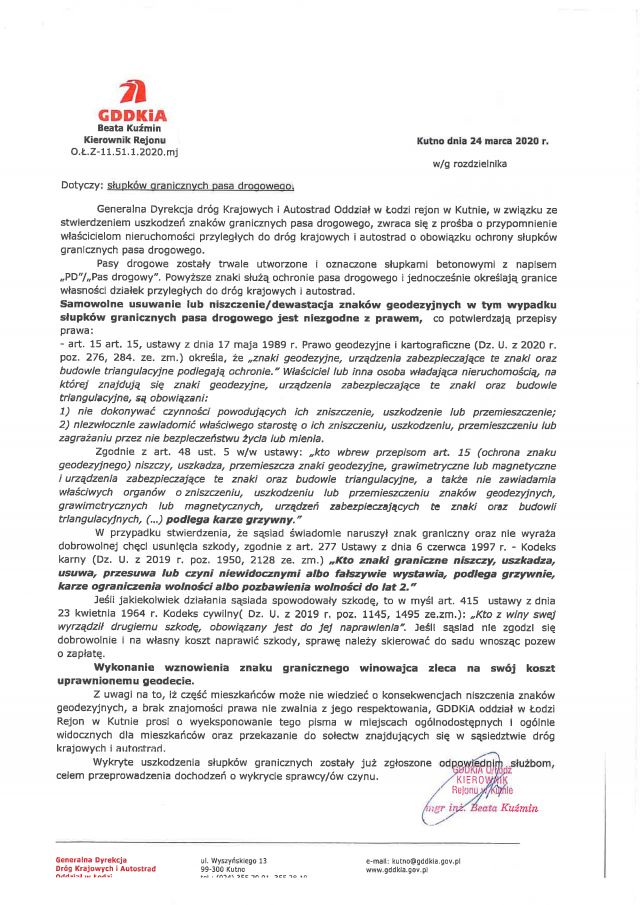 Informacj GDDKiA w sprawie niszczenia znaków granciznych pasa drogowego.