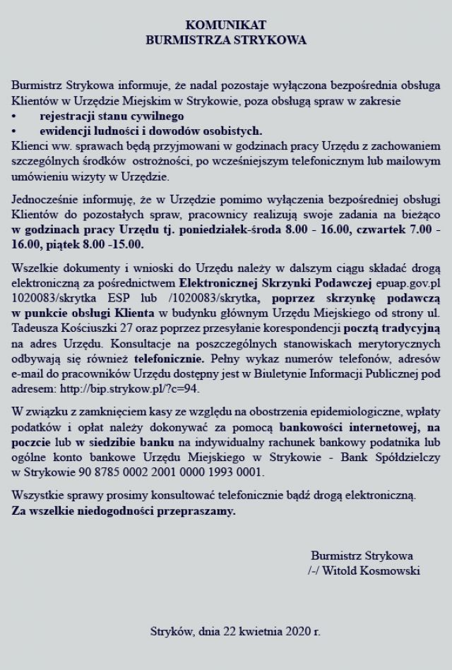 Komunikat organizacja pracy urzędu