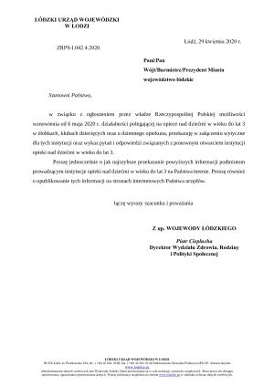 Pismo wojewody - otwarcie żłobków