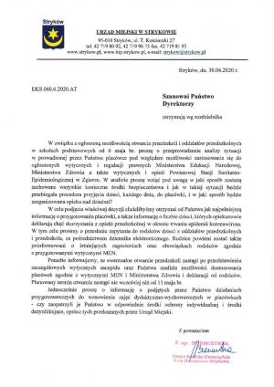 Informacja dotycząca otwarcia przedszkoli na terenie Gminy Stryków