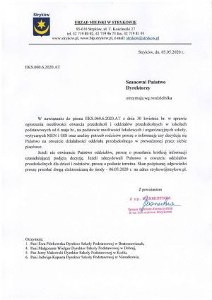 Informacja dotycząca otwarcia przedszkoli na terenie Gminy Stryków