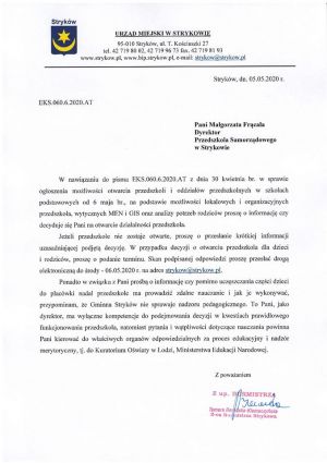 Informacja dotycząca otwarcia przedszkoli na terenie Gminy Stryków