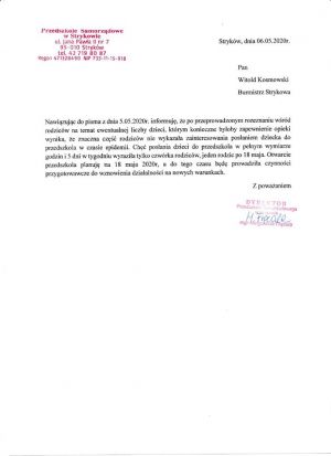 Informacja dotycząca otwarcia przedszkoli na terenie Gminy Stryków