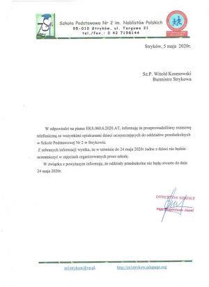 Informacja dotycząca otwarcia przedszkoli na terenie Gminy Stryków
