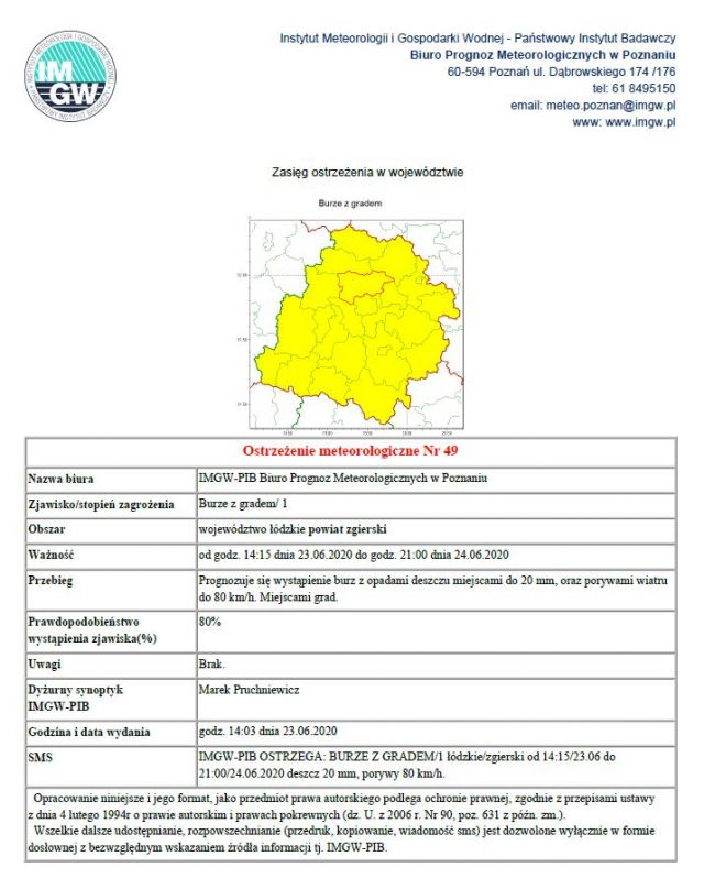 Ostrzeżenie meteorologiczne Nr 49