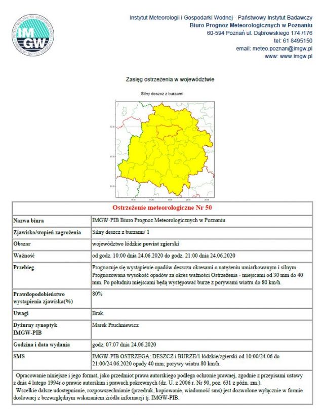 Ostrzeżenie meteorologiczne Nr 50