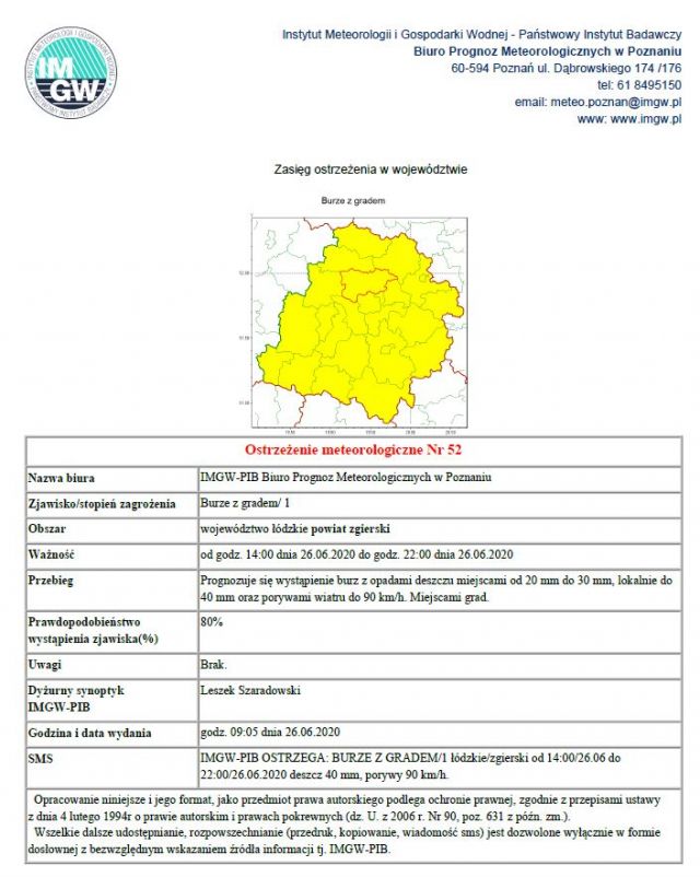 Ostrzeżenie meteorologiczne Nr 52