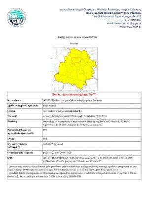 ostrzeżenie meteorologiczne 26.08.2020 nr 70