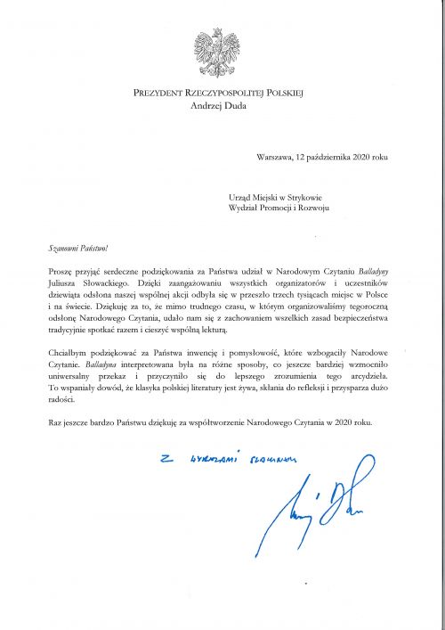 List z podziękowaniami Prezydenta RP