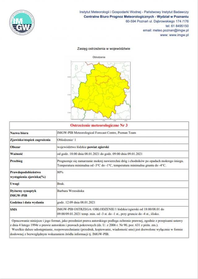 ostrzeżenie meteorologiczne 09.01.2021