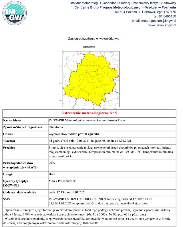 Ostrzeżenie meteorologiczne Nr 5 - Oblodzenie