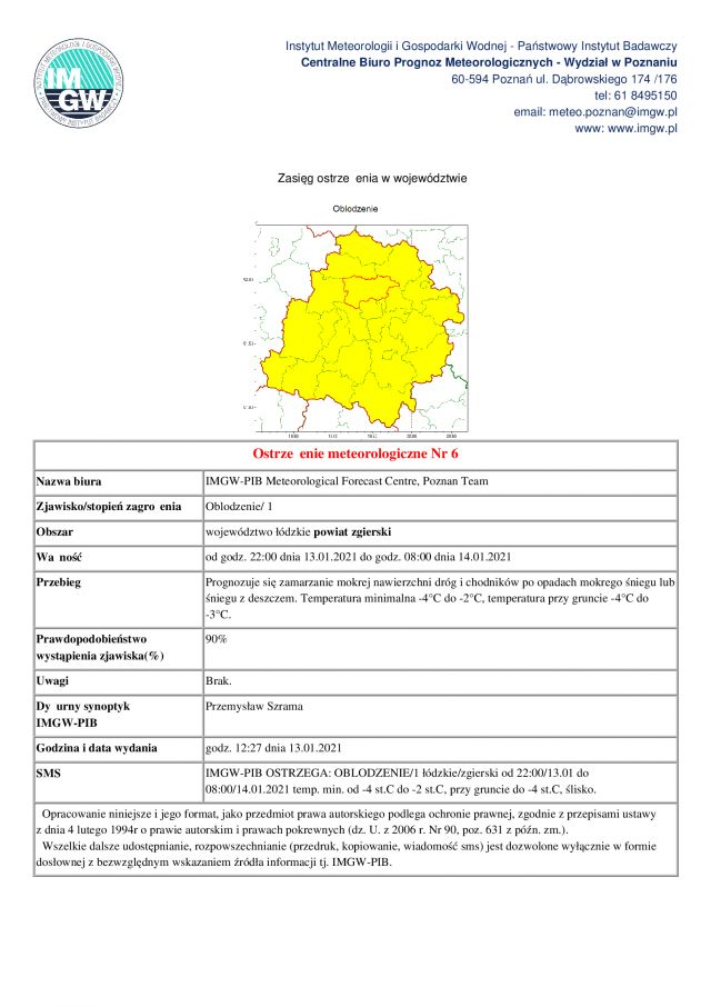 ostrzeżenie meteorologiczne 13.01.2021