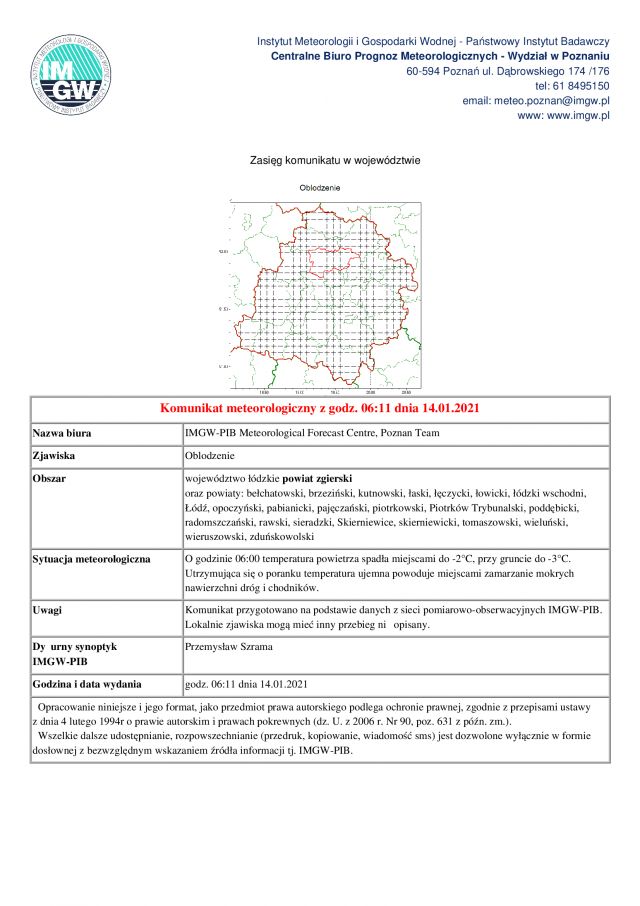 Komunikat meteorologiczny 14.01.2021